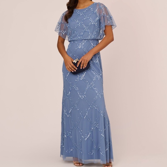 Adrianna Papell. Hand-beaded Blouson Gown With Flutter Sleeves - Picture 1 of 10